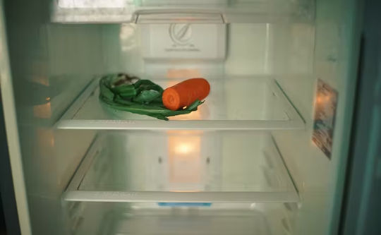 a refrigerator with just a few pieces of food